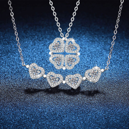 Moissanite Heart Clovers Pendant Necklace Set