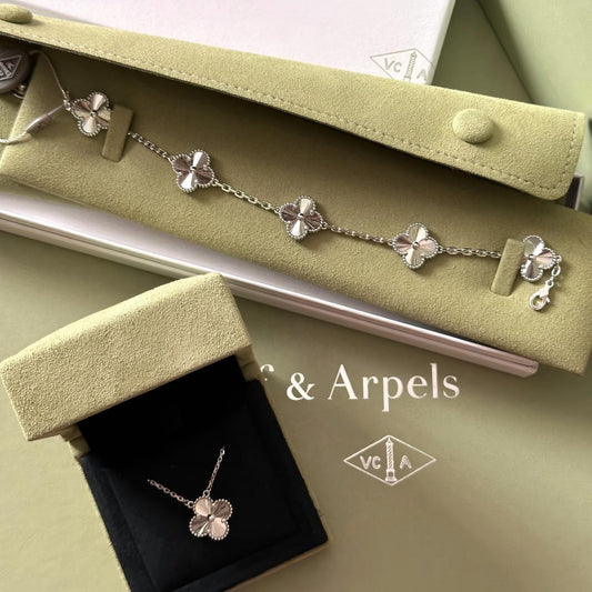 VCA 5 Motifs Bracelet Necklace Earrings Guilloche Silver Laser