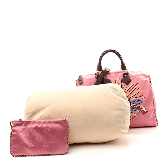 Satin Monogram Paris Tokyo Embroidered Speedy P9 Bandouliere 40 Dark Pink