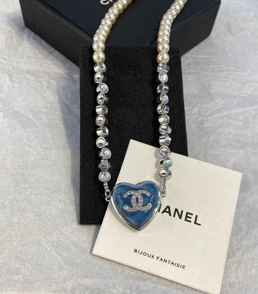 Chanel Blue Heart Pearl Diamond Necklace