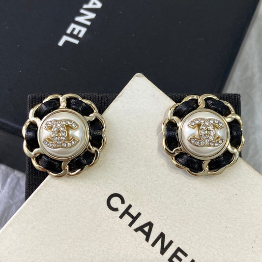 Chanel Black Leather Button Necklace Earrings