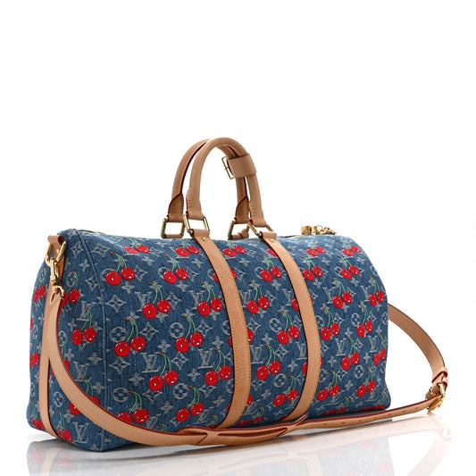 LV X TM Monogram Denim Cerises Keepall Bandouliere 45 Blue