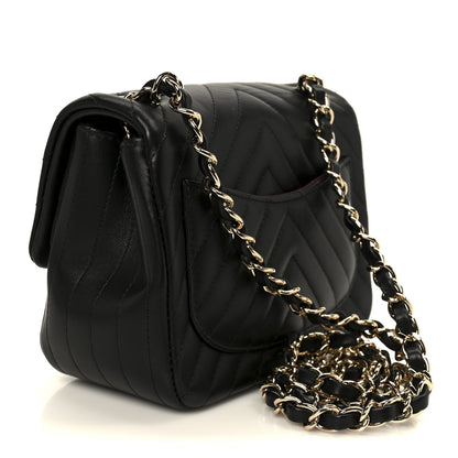 Lambskin Chevron Quilted Mini Square Flap Black