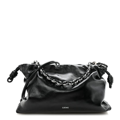 Patent Lambskin Donut Chain Large Flamenco Knot Clutch Black