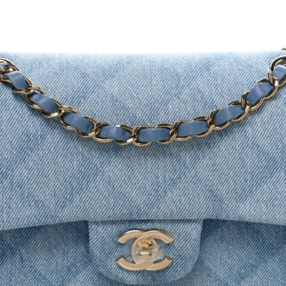 Printed Denim Quilted Small Double Flap Light Blue