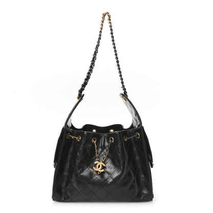 Shiny Crumpled Calfskin Quilted Small Chanel 25 Handbag Black