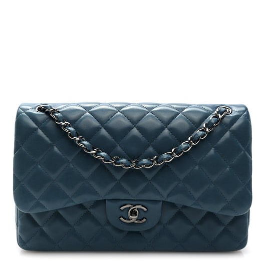 Lambskin Quilted Jumbo Double Flap Turquoise