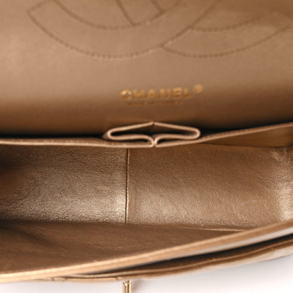 Metallic Lambskin Quilted Jumbo Double Flap Khaki