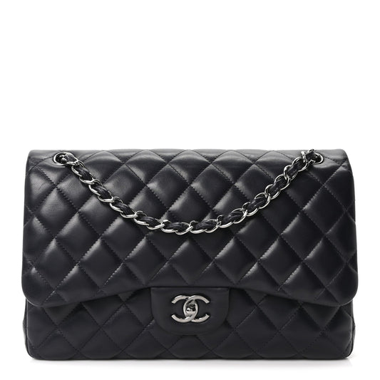 Lambskin Quilted Jumbo Double Flap Navy