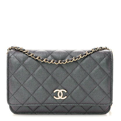 Iridescent Caviar Quilted Wallet On Chain WOC Green