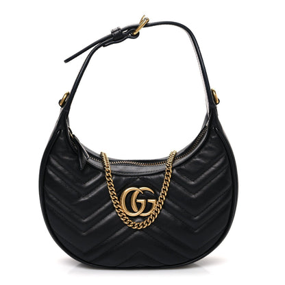 Calfskin Matelasse Chevron Mini GG Marmont Half Moon Hobo Black