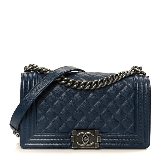 Caviar Quilted Medium Boy Flap Dark Navy Blue