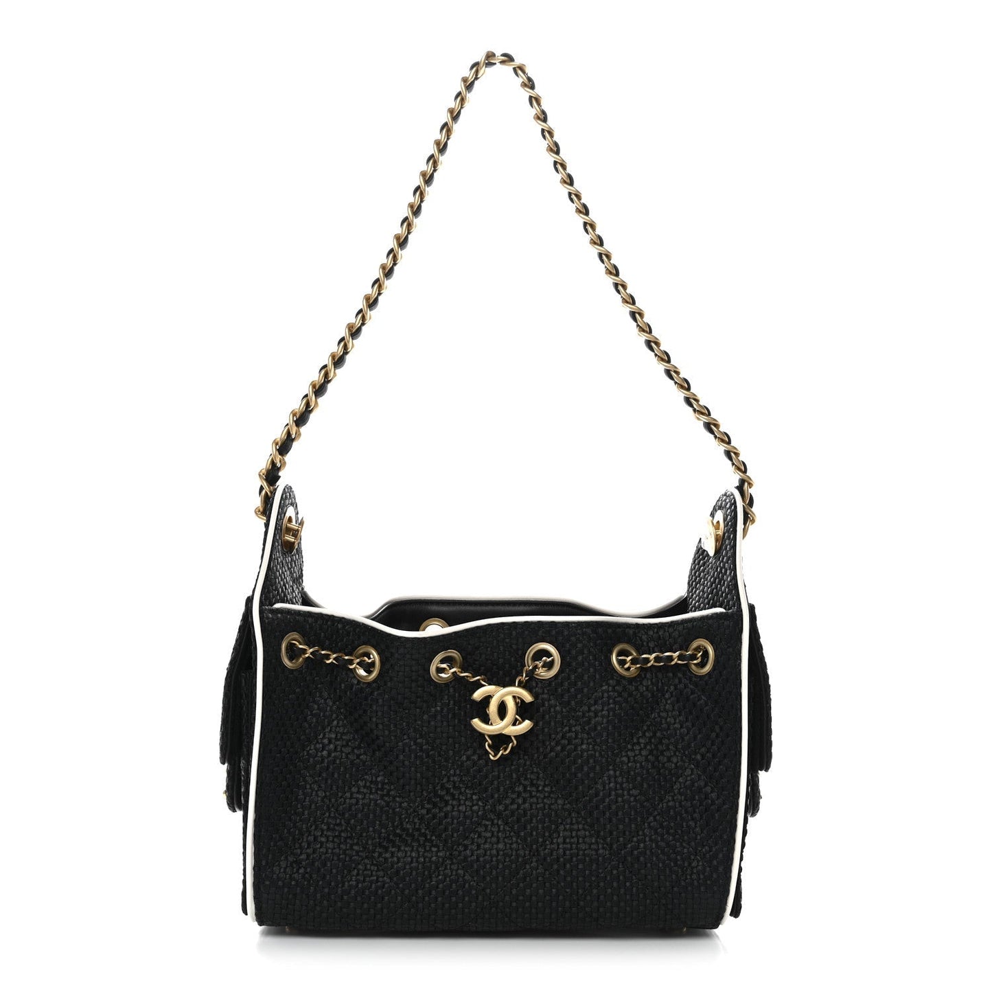 Braided Raffia Calfskin Quilted Mini Chanel 25 Handbag Black White