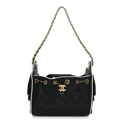 Braided Raffia Calfskin Quilted Mini Chanel 25 Handbag Black White