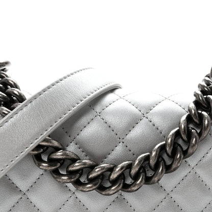 Metallic Calfskin Quilted Small Boy Flap Silver