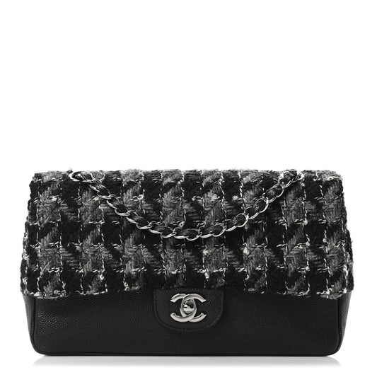 Caviar Tweed Houndstooth Quilted Medium Double Flap Black Grey