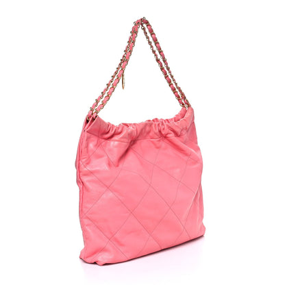 Shiny Calfskin Quilted Chanel 22 Drawstring Bag Coral Pink