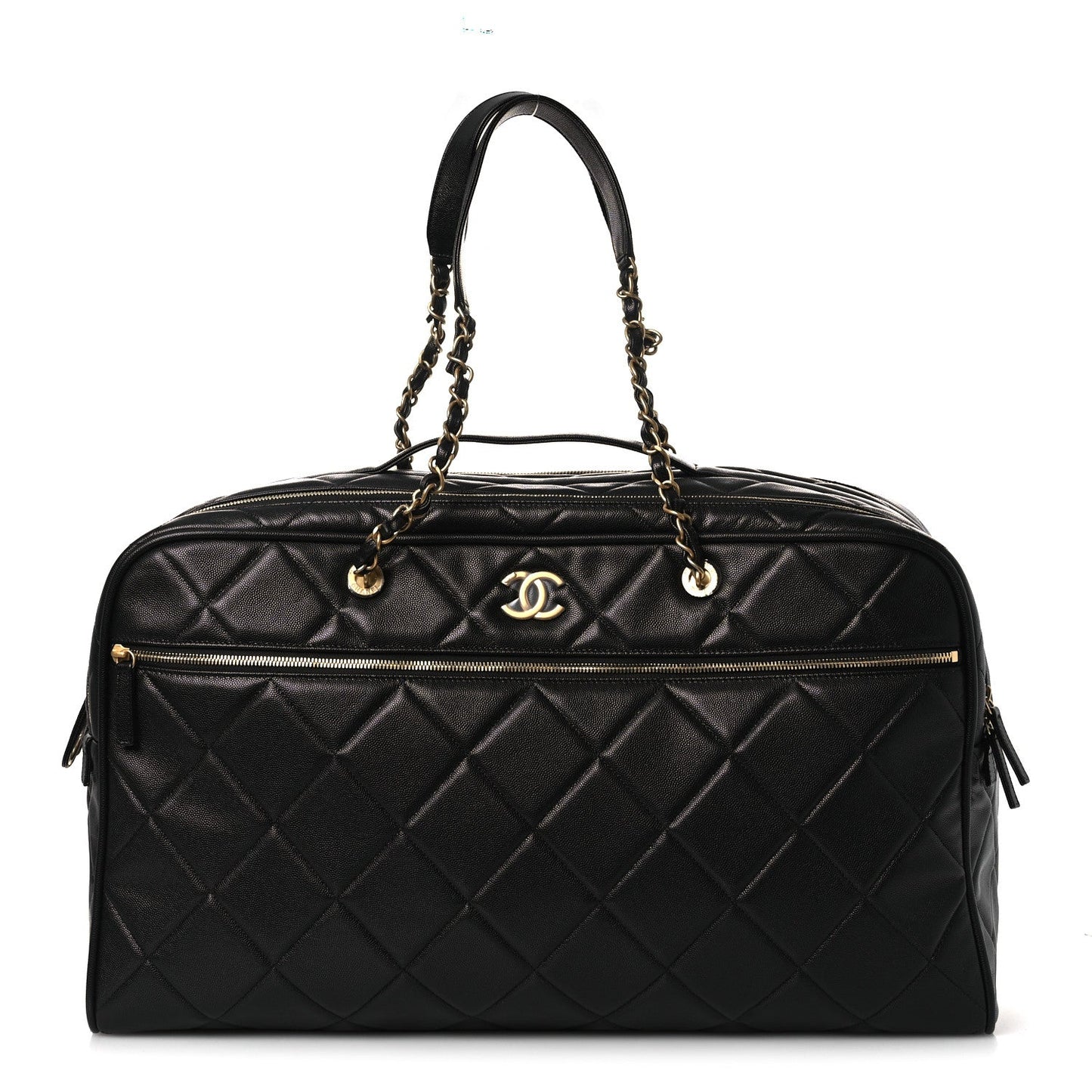 Shiny Grained Calfskin Quilted Large Travel Bowling Bag Black