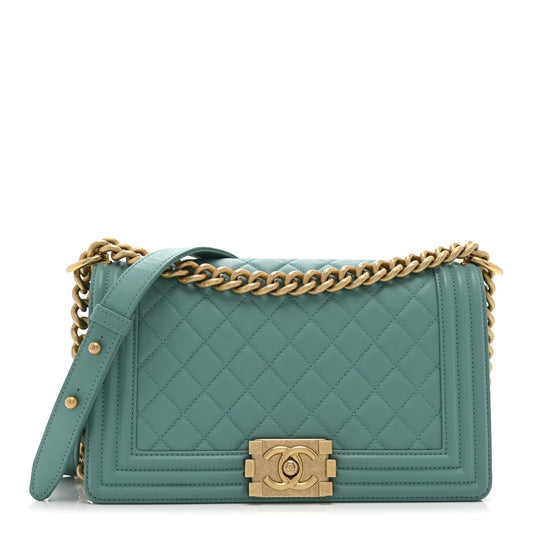 Lambskin Quilted Medium Boy Flap Green