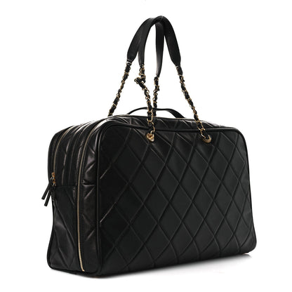 Shiny Grained Calfskin Quilted Large Travel Bowling Bag Black