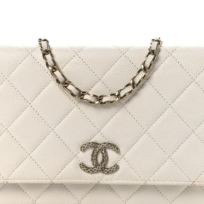 Caviar Quilted Perforated Metal CC Wallet On Chain WOC White