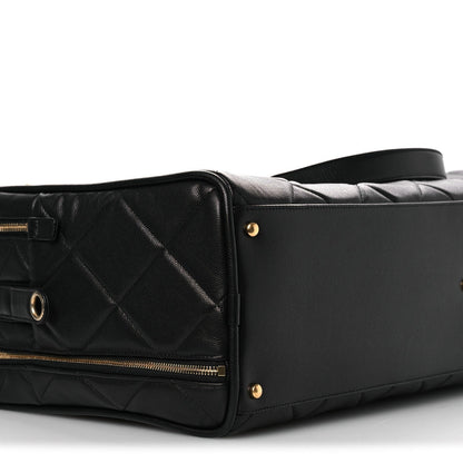 Shiny Grained Calfskin Quilted Large Travel Bowling Bag Black