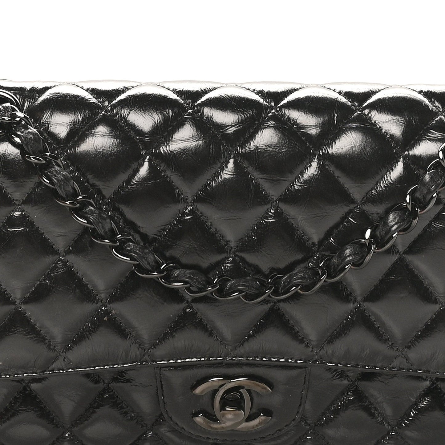 Shiny Crumpled Calfskin Quilted Medium Double Flap So Black