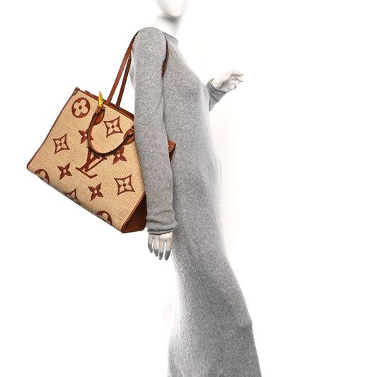 Raffia Calfskin Monogram Giant Onthego GM Tan