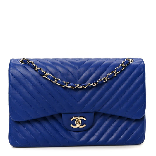 Lambskin Chevron Quilted Jumbo Double Flap Navy Blue