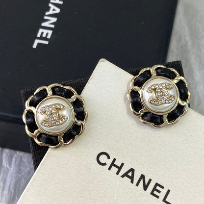 Chanel Black Leather Button Necklace Earrings
