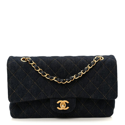 Denim Quilted Medium Double Flap Dark Blue
