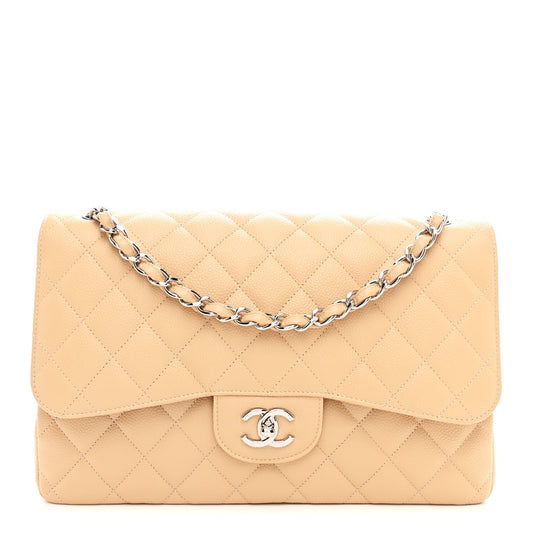 Caviar Quilted Jumbo Double Flap Beige Clair