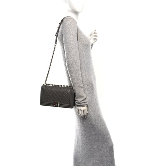 Caviar Quilted Medium Boy Flap Dark Grey