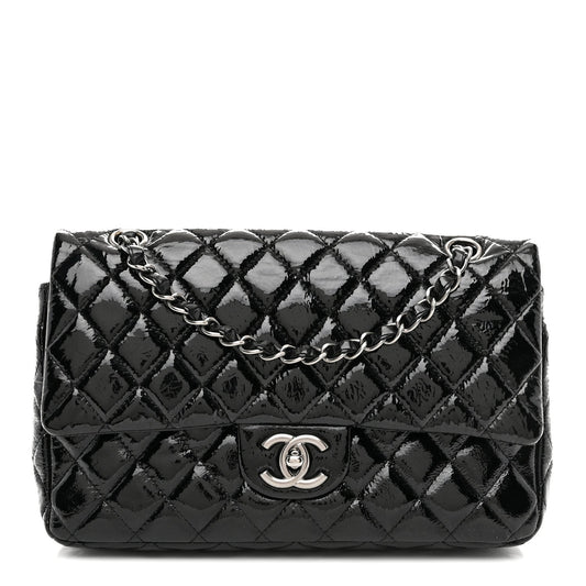 Distressed Patent Quilted Medium Double Flap Black