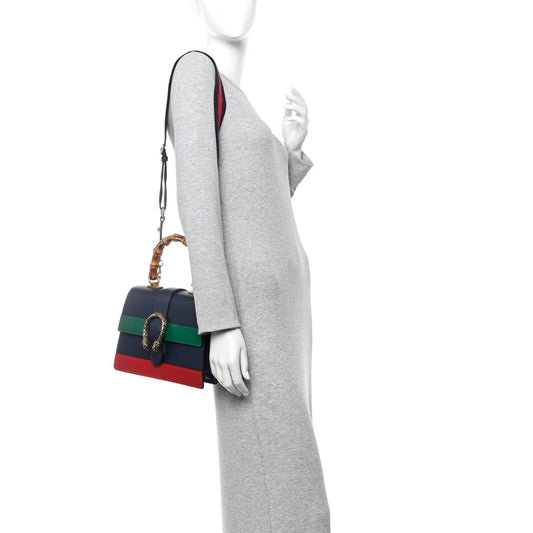 Moon Calfskin Web Medium Dionysus Bamboo Top Handle Bag Black Bright Evergreen Hibiscus Red