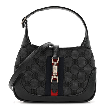 X BALENCIAGA BB Monogram Calfskin Web Mini Jackie 1961 Hobo Black