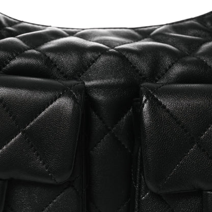 Shiny Lambskin Quilted Trendy Pockets Hobo Black