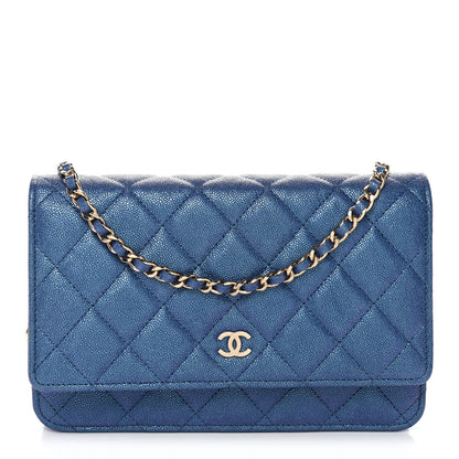 Iridescent Caviar Quilted Wallet on Chain WOC Dark Blue