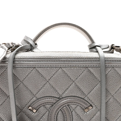 Metallic Caviar Quilted Medium CC Filigree Vanity Case Silver