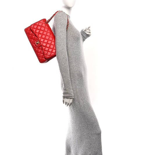 Lambskin Quilted Jumbo Double Flap Red