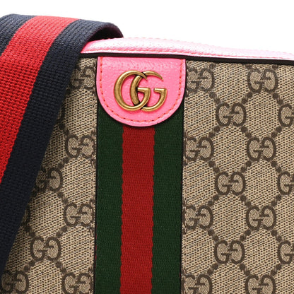 GG Supreme Monogram Textured Dollar Calfskin Web Ophidia Small Crossbody Bag Beige Ebony Fuchsia