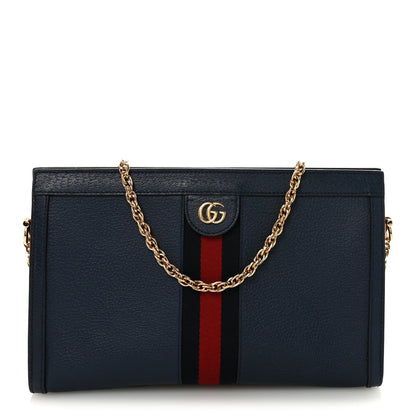 Textured Calfskin Web Medium Ophidia Chain Shoulder Bag Blue Agata