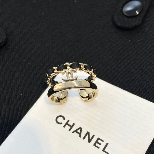 Chanel Black Leather Open End Ring