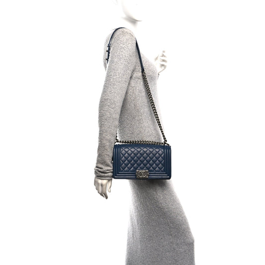 Caviar Quilted Medium Boy Flap Dark Navy Blue