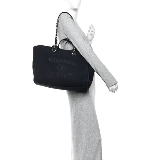 Mixed Fibers Calfskin Medium Deauville Tote Navy Blue