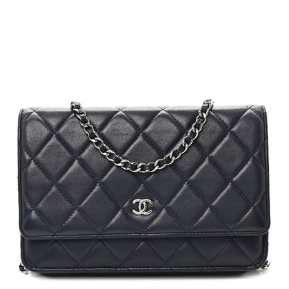 Lambskin Quilted Wallet On Chain WOC Navy Blue