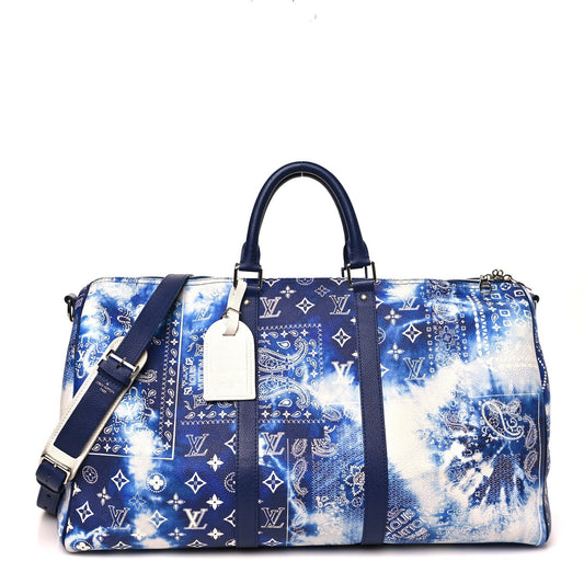 Cowhide Monogram Bandana Keepall Bandouliere 50 Blue
