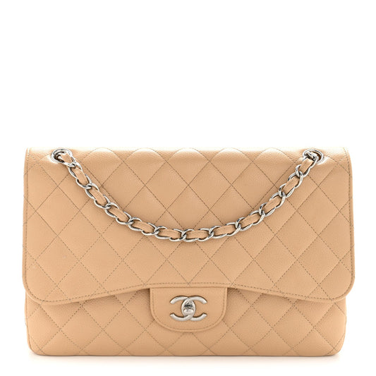 Caviar Quilted Jumbo Double Flap Beige Clair