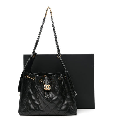 Shiny Crumpled Calfskin Quilted Small Chanel 25 Handbag Black