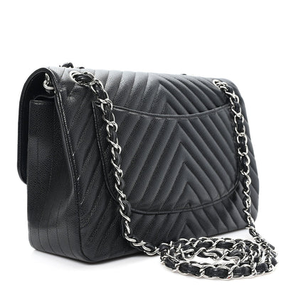 Caviar Chevron Quilted Jumbo Double Flap Black